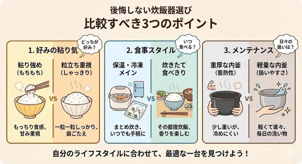 後悔しない炊飯器選びのために比較すべき3つのポイント