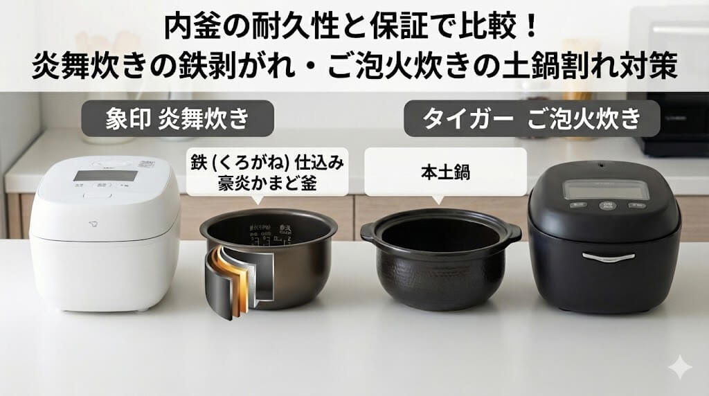 内釜の耐久性と保証で比較!炎舞炊きの鉄剥がれ・ご泡火炊きの土鍋割れ対策