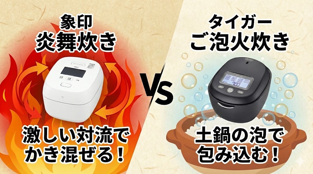 味の違いを比較!炎舞炊きの「激しい対流」vs ご泡火炊きの「土鍋の泡」