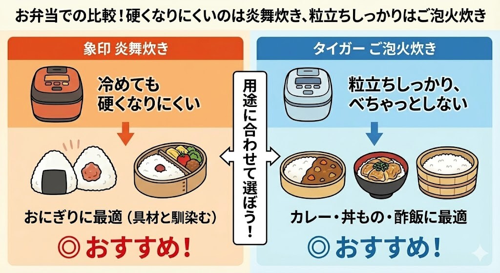 お弁当での比較!硬くなりにくいのは炎舞炊き、粒立ちしっかりはご泡火炊き